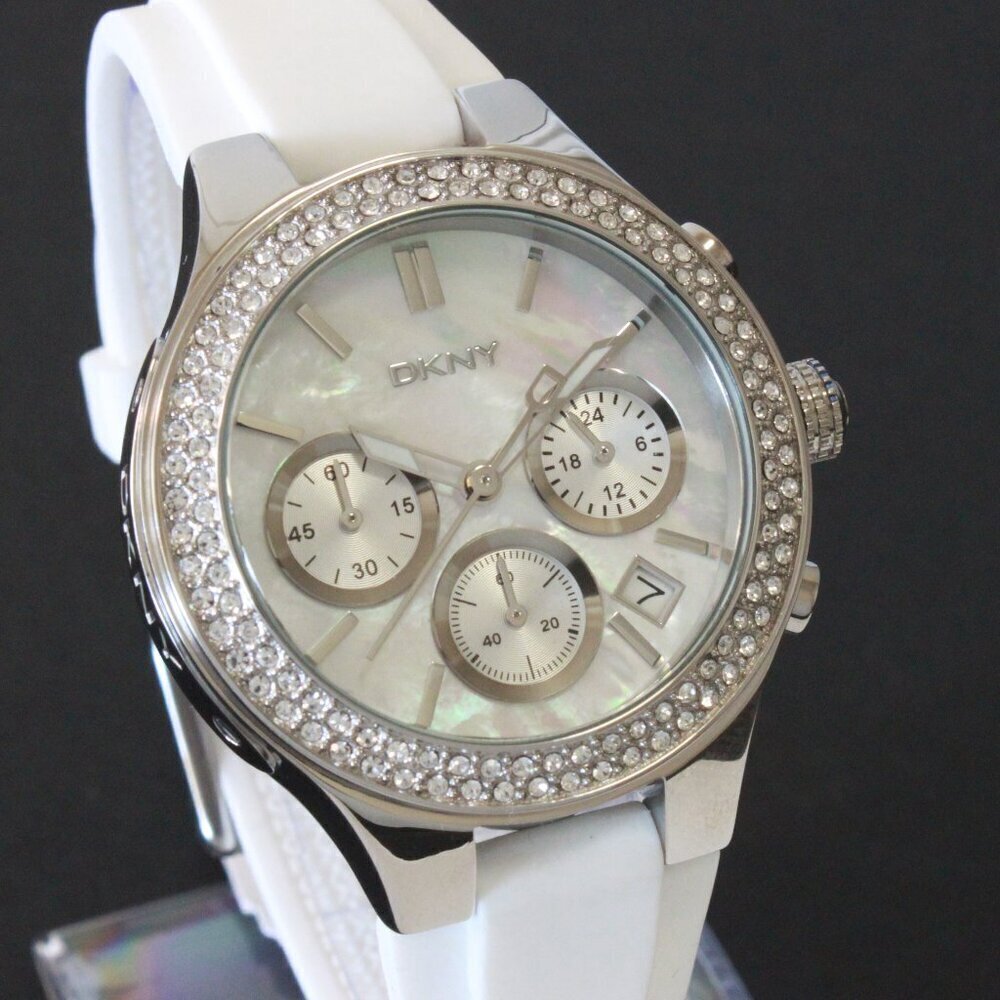 DNKY Women's Chronograph Crystal Bezel Mother Of Pearl Dial Silicone Strap 38mm - Picture 5 of 14